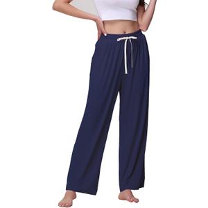 Veseacky Women's Comfy Stretch Drawstring Wide Leg Lounge Casual Pants Pajamas Bottoms Dance with 2 Pockets XL (Navy Blue)