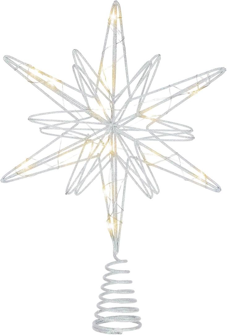 Large Christmas Star Tree Topper with 20 LED Lights 12.5 Inch Star Tree Topper Glitter Sparkle Xmas Treetop Ornament for Home Holiday Party Decorations(White)