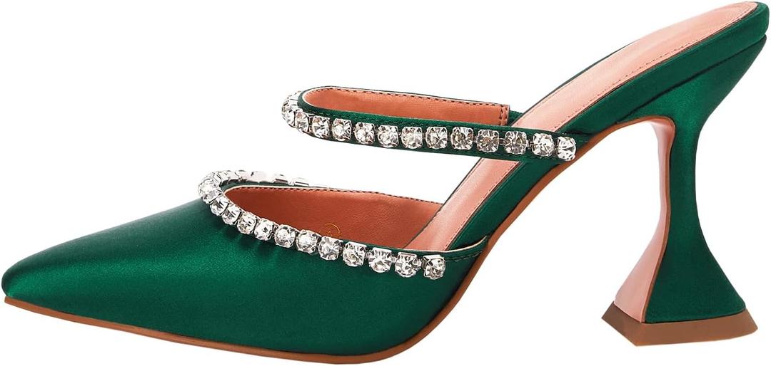 VETASTE Women's Pointed Toe Strappy Heels Crystal Satin Heeled Mules Wedding Party Shoes (10, Green)