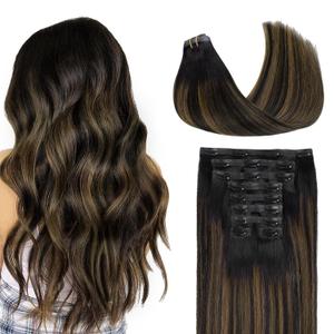 GOO GOO Clip in Hair Extensions Real Human Hair, Remy Human Hair Extensions Clip ins for Women, Natural Human Hair, 20inch 180g 9Pcs, #1B/6/1B Balayage Natural Black to Chestnut Brown
