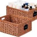 UBBCARE Storage Baskets with Label, Wicker Pantry Baskets for Shelves, Waterproof Woven Basket for Organizing, 2-Pack Plastic Rectangle Organizers with Handles,Light Brown (16.5L13W7.5H)