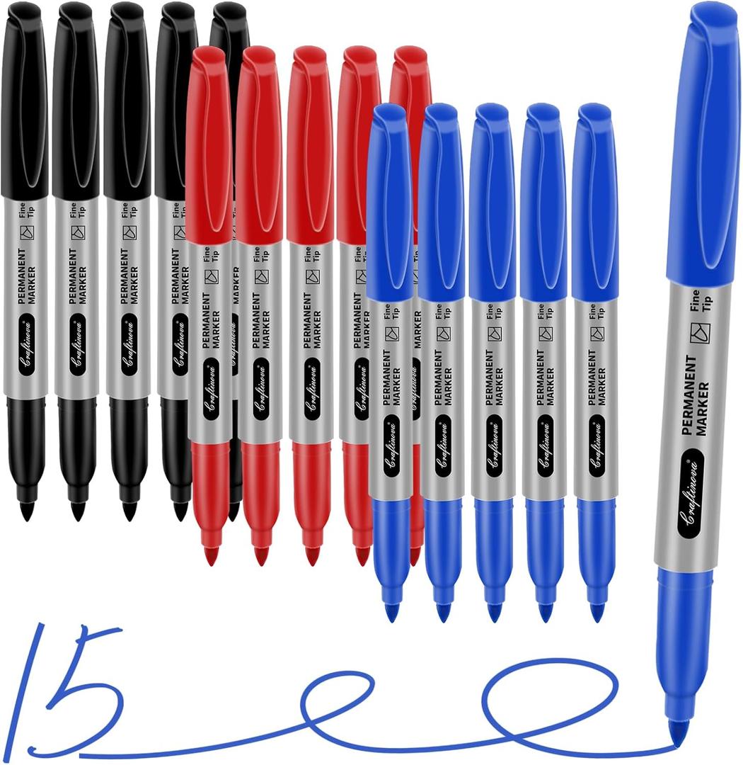 Fine Point Assorted Colors Permanent Markers Set, Waterproof, Works on Paper, Plastic, Metal, etc., for Adults, Artist, Teacher, Kids, Black, Blue, Red, 15 Count