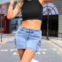 Womens Cargo Skirt Y2k Low Waist Button Bodycon Denim Mini Skirt with Flap Pockets (Blue)