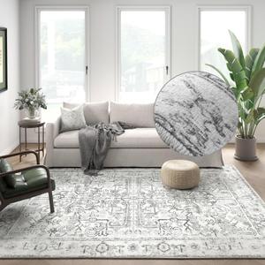 jinchan 6x9 Area Rug for Living Room Washable Soft Throw Rug Ultra-Thin Stain Resistant Non-Slip Distressed Vintage Floral Large Carpet for Bedroom,Dining Room,Home Office,Nursery (6x9ft,Grey) (6' x 9' (Buttery Soft), Border Grey)
