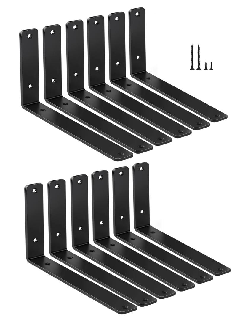 12 Pack - L 10" x H 6" x W1.5, 5mm Thick Black L Shelf Bracket, Iron Shelf Brackets, Metal Shelf Brackets, Floating Shelf, Shelf Supports with Screws