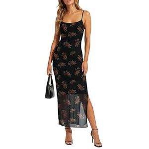 Zelroxa Womens Mesh Floral Midi Dresses Spaghetti Strap Sleeveless Vintage Goth Formal Wedding Guest Cocktail Party Sheer Bodycon Backless Cami Dress 90s Western Classy Vestido Pink, Medium 