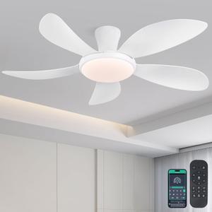 48" Modern White Ceiling Fans with Lights and Remote/APP,Low Profile Ceiling Fans with Quiet Reversible DC Motor, Dimmable 3 Colors Led, 6 Wind Speeds