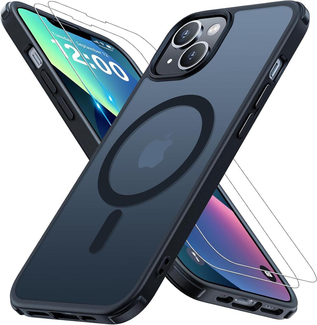 Lokmax Magnetic for iPhone 14 Case/iPhone 13 Case [Compatible with MagSafe] with 2X Screen Protector, Military-Grade Slim Shockproof Phone Case Translucent Matte Cover for iPhone 13/14 6.1inch, Black