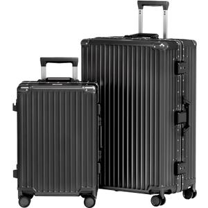 AnyZip Luggage Sets 2 Piece Aluminum Frame Carry On and Checked Suitcase PC ABS Hard Shell TSA Lock No Zipper(Black, 20/28) (2 SET(Upgraded TSA Lock), Black)