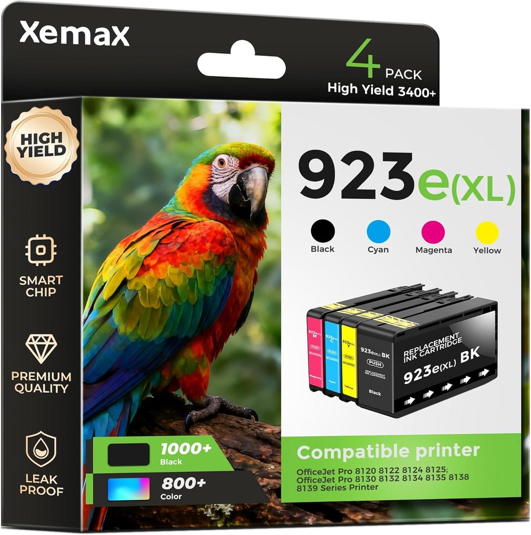 4-Pack 923e Ink Cartridges Compatible for HP 923XL 923 HP923e Ink Compatible for HP OfficeJet Pro 8135e 8138e 8139e 8122e 8120 8123 8130 8133 Printers, Black Cyan Magenta Yellow (3500 Pages)