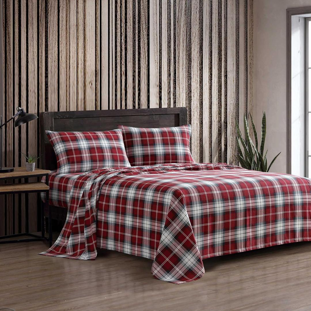 Eddie Bauer - Queen Bed Sheets, Cotton Flannel Bedding Set with Matching Pillowcases, Brushed for Extra Softness, Deep Pocket, Oeko-Tex Certified (Heartland Plaid Red)