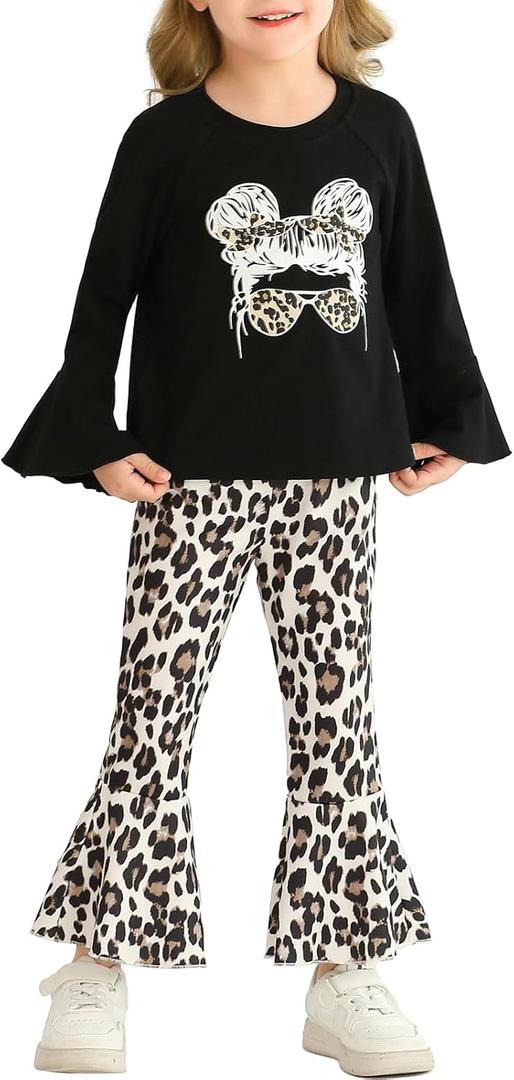 Toddler Girl Clothes Long Flare Sleeve Tops Bell Bottom Pants Baby Girls Clothing Sets Cartoon Graphic Outfit (Black)