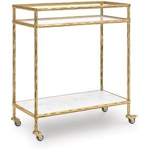 Signature Design by Ashley Plattfield Casual Antiqued 2-Tier Bar Cart with Casters, for Kitchen and Dining Room, Metallic & White