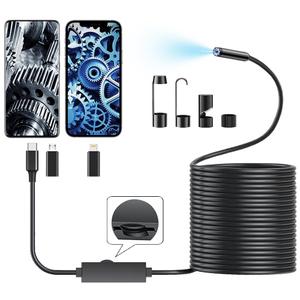 16.4ft Endoscope Camera with Light for iPhone and Android, 1920P HD IP67 Waterproof Borescope with 8 Adjustable LED Lights, Semi-Rigid Snake Camera, 7.9mm Inspection Camera Black