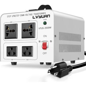 LVYUAN 2500 Watt Voltage Transformer Converter Step Up/Down Converter 110/120 Volt - 220/240 Volt with 2 US outlets, 2 Universal Outlets and CE Certified, Circuit Break Protection