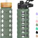 MUKOKO Glass Water Bottles, 24oz Glass Tumbler with Straw, Drinking Bottles with 2 Lids-Handle Spout Lid&Bamboo Straw Lid, Motivational Water Bottle with Time Marker and Silicone Sleeve, 1 Pack-Olive