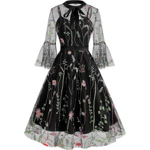 Women Mesh Floral Embroidery Vintage Cocktail Swing Dress Illusion 50s Goth Flared A line Casual Wedding Prom Evening Dress Women Mesh Floral Embroidery Vintage Cocktail Swing Dress Illusion 50s Goth Flared A line Casual Wedding Prom Evening Dress