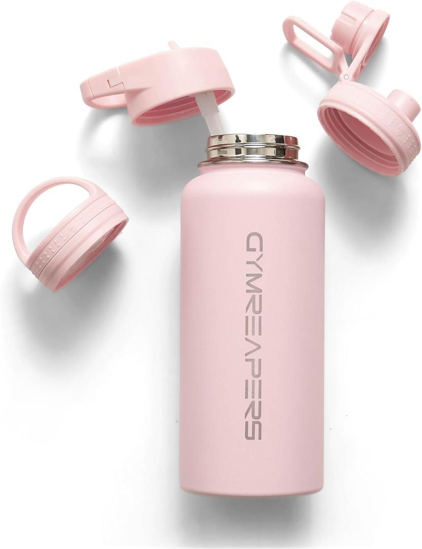 Gymreapers Insulated Water Bottle - Stainless Steel 32 Oz, 3 lids (Straw, Chug, Canteen), Double Walled Vacuum Insulation, Thermo Mug Cold Hot - Durable Powder Coated Finish