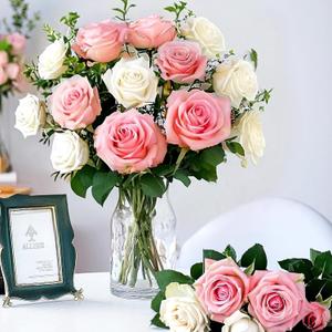 Pyopbow 20PCS Artificial Roses with Long Stems - Realistic Silk Flowers, Fake Roses Bouquet of Roses for Valentine's Day, Home Decor, Bridal Wedding Party, Bulk Faux Rose Flowers (White Pink)