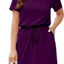 HUSKARY Women Summer Casual Midi Dresses Short Sleeve V Neck Drawstring Knee Length T Shirt Dress with Split and Pocket (X-Large, Purple)