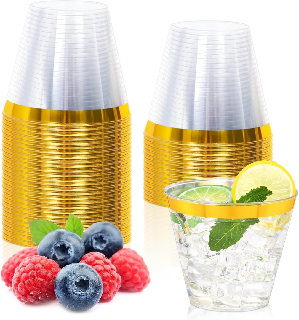 30 Pcs Gold Plastic Cups,9Oz Gold Rimmed Plastic Cups,Heavy Duty Gold Rim Clear Disposable Plasitc Cocktail Tumblers Wine Cup for Party,Wedding,Birthday,Christmas