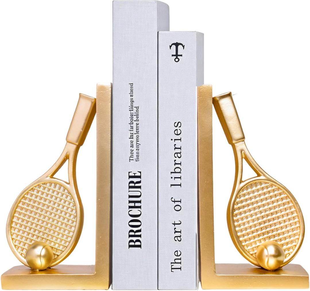 Modern Decorative Gold Bookends for Shelves,Unique Tennis Racket Book Ends | Heavy Books Stopper Decor for Desk Home,Non-Slip Book Holder Shelf Decor, Gifts for Tennis Lovers