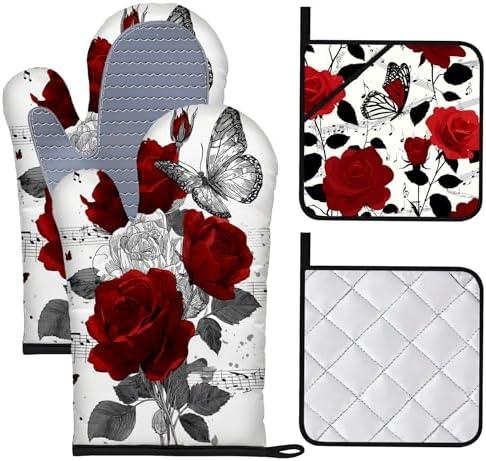 BVBOX Oven Mitts and Potholders Set of 4 Heat Resistant Oven Gloves and Pot Holders with Non-Slip Silicone Surface for Kitchen Cooking Baking Grilling (Red Rose, Set of 4)