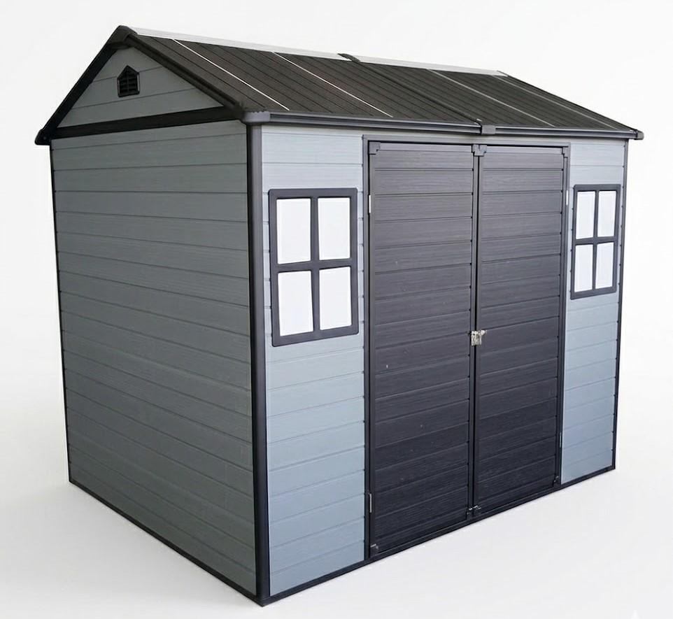 KEIKI 8x6 FT Outdoor Resin Garden Shed with Floor & 2 Windows, Waterproof Tool Storage Shed with Lockable Door for Garden Tools, Bicycles, Trash Cans, Grey+Black