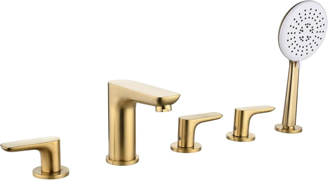 Gold Roman Tub Faucet with Sprayer, 5 Hole Bathtub Faucet with Hand Shower, 5 Piece Deck Mount Tub Faucet Set Brass, Deck Mount Tub Filler 3 Handles - JIAENLEMA