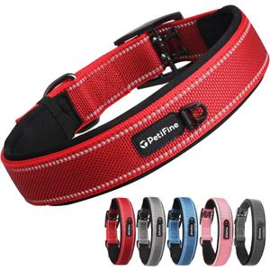 PetiFine Dog Collar for Large Dogs, Neoprene Padded and Adjustable, Reflective Wide Heavy Duty Pet Collars with Durable Metal Belt Buckle for Walking, Red, XL