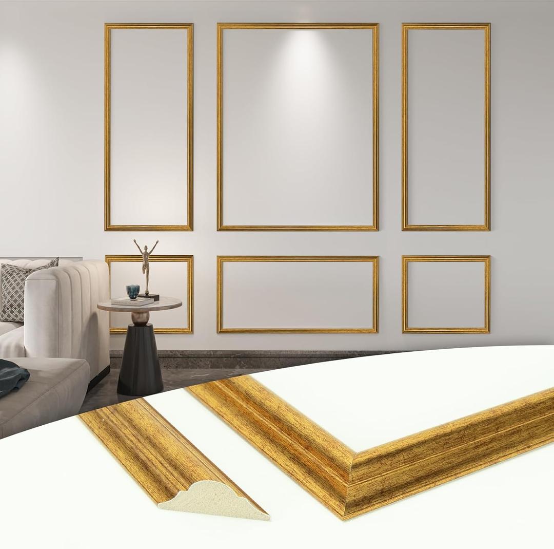 Art3d Pre-Cut Wall Molding Set of 6 pcs, Ready-to-Assemble Wainscoting Panels for Interior Wall Dcor Living Room Bedroom Accent Wall - Installed with Glue, 3 Top 3 Bottom, Antique Gold
