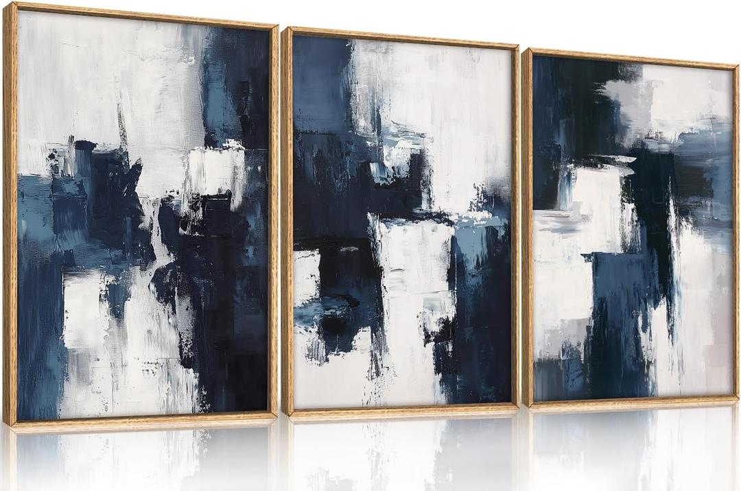 HLNIUC Navy Blue Abstract Wall Art Set of 3, Gray White Modern Neutral Art Decor(16x24), Minimalist Brush Strokes Wall Painting, Dark Geometric Textured Canvas Prints for Living Room, Bedroom, Office