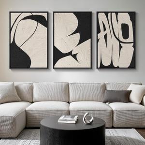 Large Framed Neutral Abstract Wall Art for Living Room, 3 Piece Black and Beige Modern Canvas Prints Paintings Artwork for Walls, Minimalist Abstract Pictures for Hallway, Office Wall Decor 24x36 In