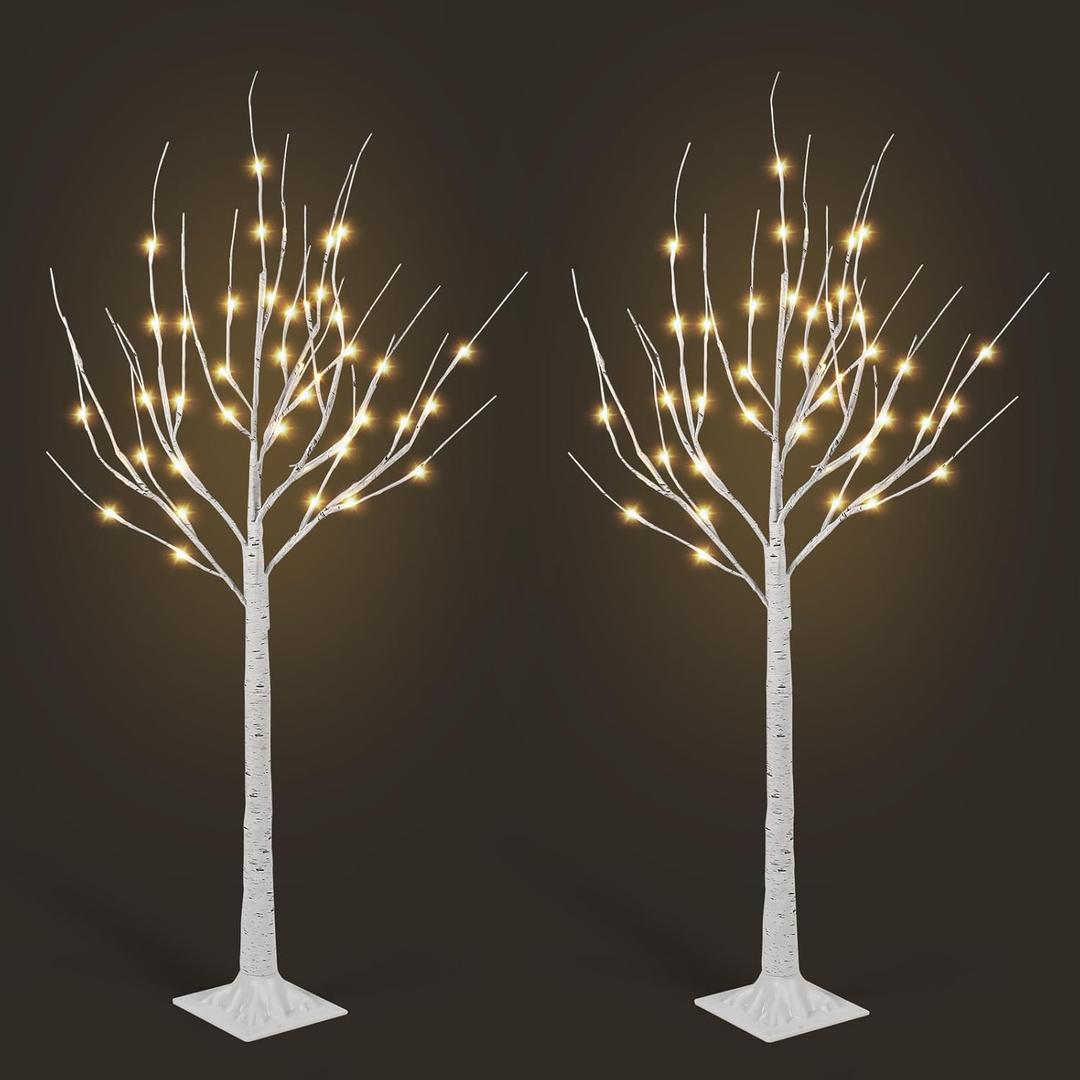 2 Pack 4FT Lighted Birch Tree, Birch Tree with Fairy Lights, Warm White Christmas Decorations for Home Bedroom Party Wedding Holiday Room Indoor Outdoor Decor