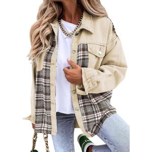 SHEWIN Women's Oversized Denim Jacket Casual Long Sleeve Button Down Plaid Shacket Boyfriend Jean Jacket With Pockets (Medium, Apricot)