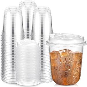 Baderke 100 Sets 12 oz Clear Plastic Cups with Lids,Sturdy Iced Coffee Cups with lids, Disposable Plastic Smoothie Cup for Cold Drinks