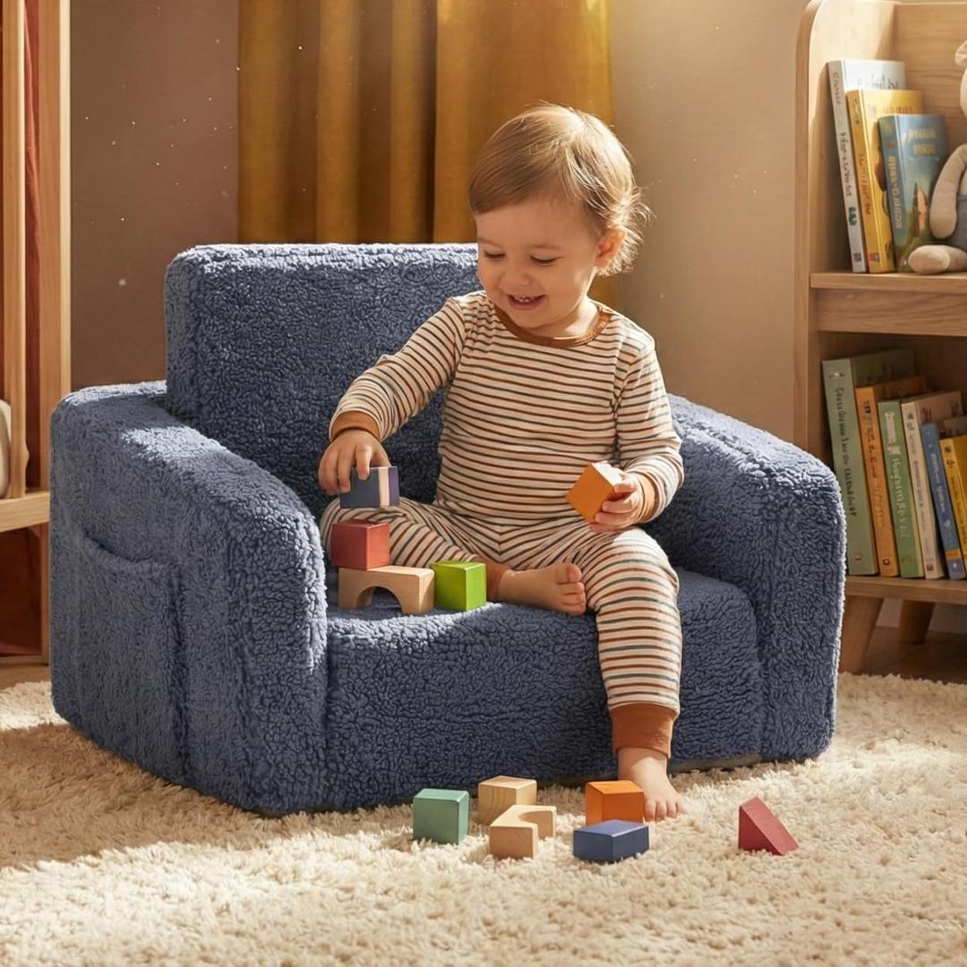 Toddler Baby Chair Couch Sofa Kids Foldable 2-in-1 Sherpa Fold Out Couch Toddler Chairs Comfy for Boys & Girls Convertible Kids Furniture Lounge Chair for Playroom with Double Pockets, Dark Grey