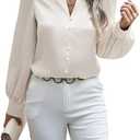 SweatyRocks Women's Casual Loose V Neck Shirts Puff Long Sleeve Office Work Blouses Tops M