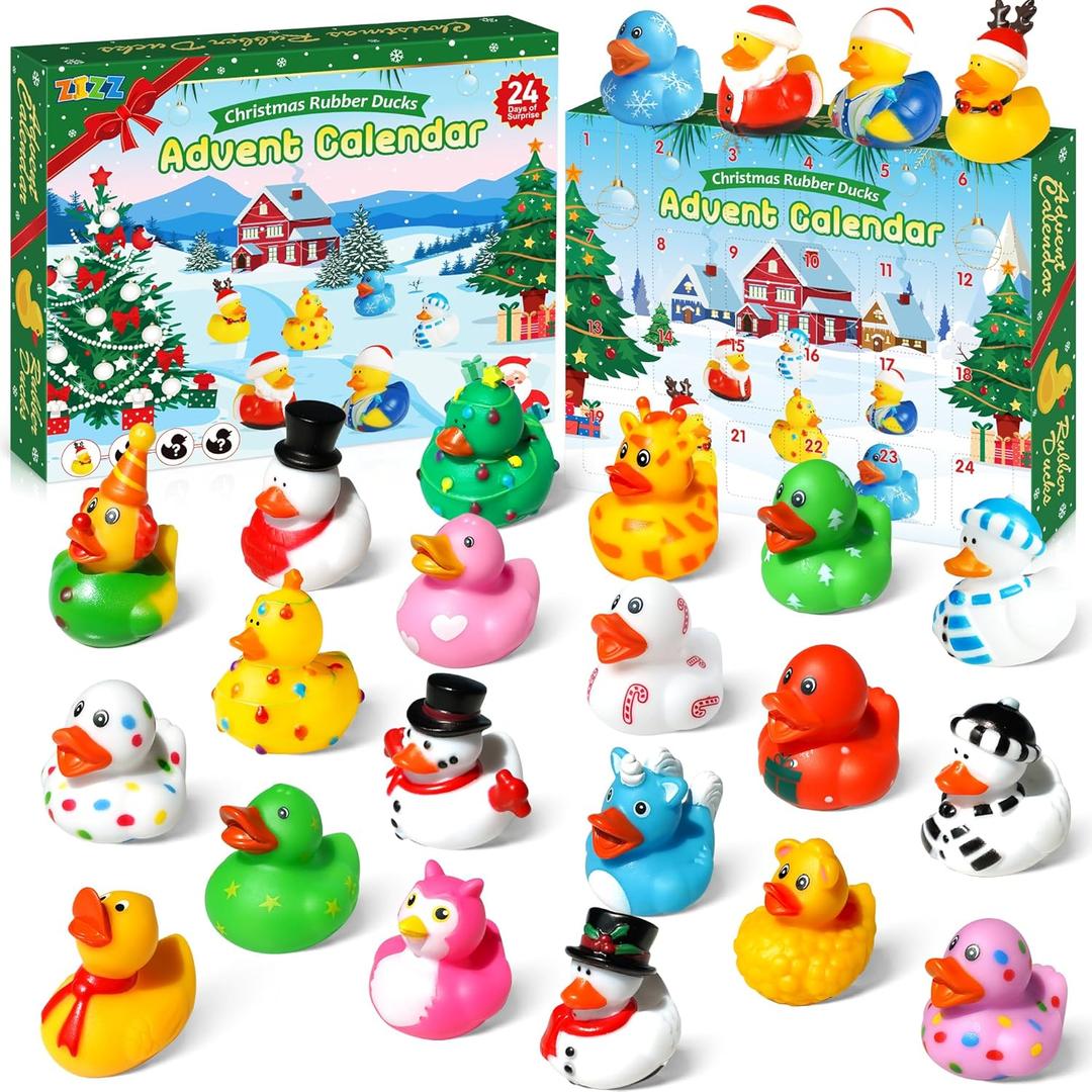 ZIZZ Advent Calendar 2024 Christmas Rubber Ducks - 24 Days Christmas Countdown Calendar Gifts for Kids Girls Boys Holiday Fun Duck Bath Toy for Toddler Baby 4 5 6 7 Year Old Xmas Surprise Gift Idea