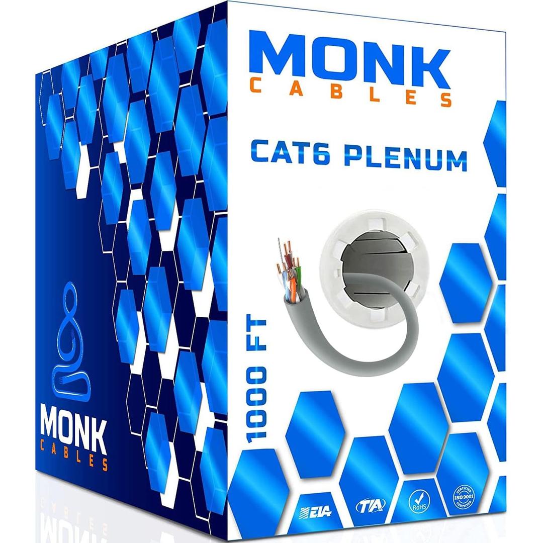 MONK CABLES | CAT6 Plenum Cable 1000ft | UTP, 23AWG, 550MHz | DSX-8000 Certified | Most Certified Cable of The Whole Market (Grey)