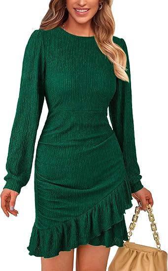PRETTYGARDEN Women's Spring Fall Ruched Bodycon Mini Dress Long Puff Sleeve Ruffle Fitted Cocktail Party Dresses, Small