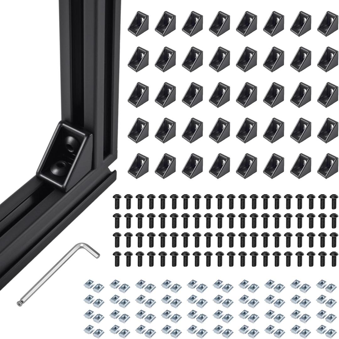 40 Sets Black 2020 Series Aluminum Extrusion Corner Bracket Kit, Includes 20pcs Right Angle Connectors, 40pcs M5 T Slot Nuts and Screws for 20 Series V-Slot Aluminum Profile Accessories