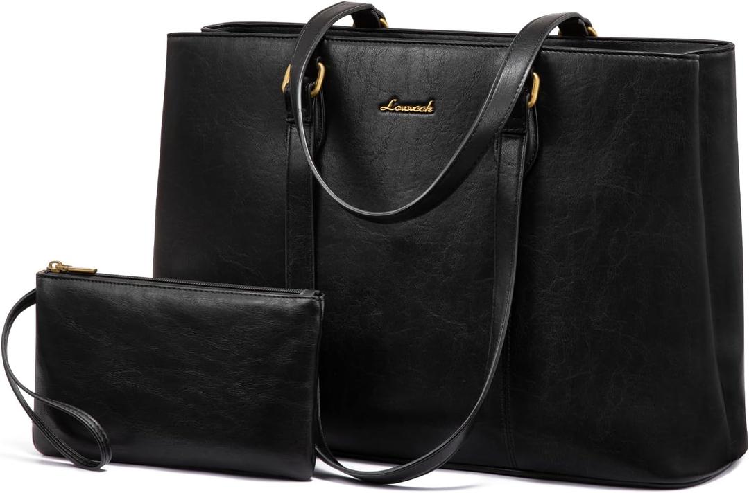 LOVEVOOK Laptop Tote Bag for Women,Work Tote with Wristlet,PU Leather Computer Bag for Teacher,Office, Daily (Medium, Black)