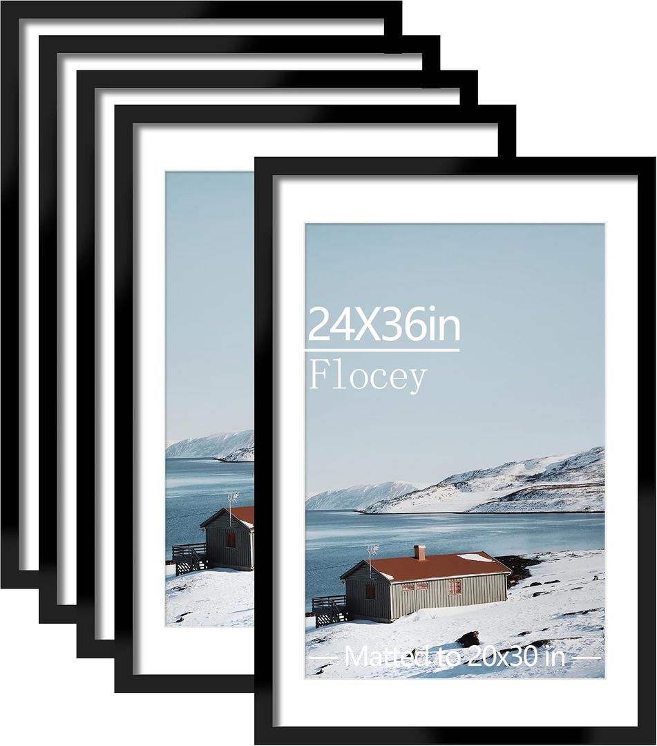 24x36 Picture Frame Set of 5, Black Poster Frame, Display Pictures 20 x 30 with Mat or 24 x 36 Without Mat for Horizontal or Vertical Wall Mounting, Wall Gallery Frame for Artwork, 24x36-5PACK