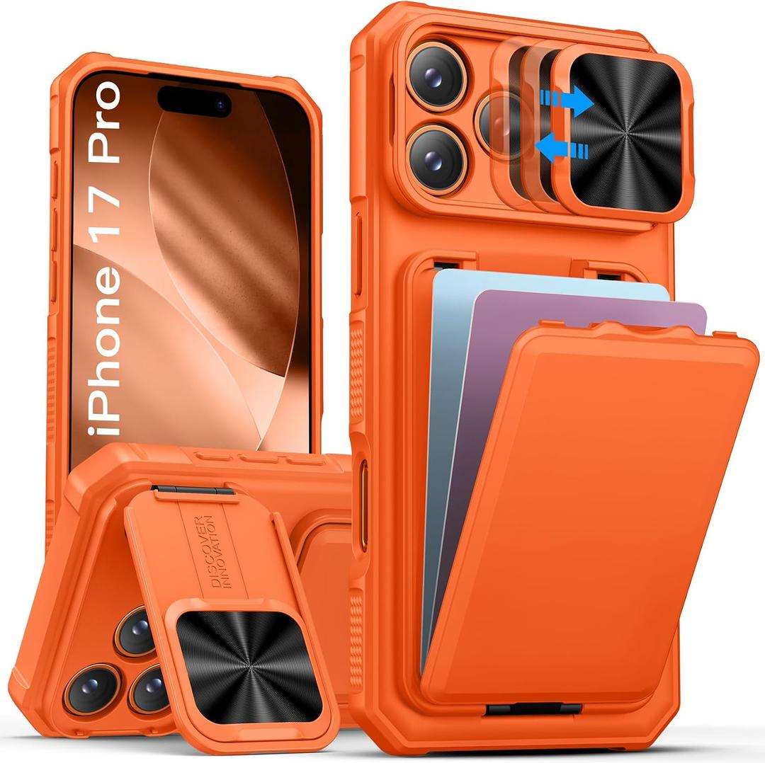 SSLOTSCASE for iPhone 17 Pro Case with Card Holder & Stand & Sliding Camera Lens Cover & Kickstand, Military-Grade Heavy Duty Shock Proof Men Women Phone Case Cover for iPhone 17 Pro 6.3'', Orange