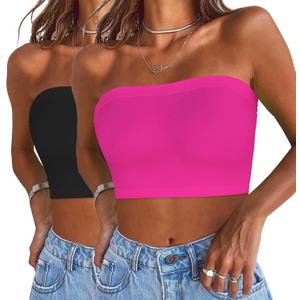 Womens Tube Tops Summer Bandeau Casual Crop Top Going Out Strapless Tank Basic Short Shirt (One Size Plus, 2 Pieces Black,neon Pink)