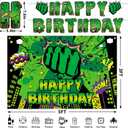 Green Super Hero Happy Backdrop for Birthday Party, 5x3ft Cityscape Hero Skyline Buildings Boom Photography Background Baby Shower Boy Kids Party Decorations Photo Props