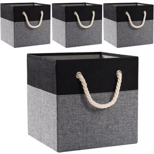 PRANDOM Large Foldable Cube Storage Bins 13x13 inch [4-Pack] Fabric Linen Storage Baskets Cubes Drawer with Cotton Handles Organizer for Shelves Nursery Closet Bedroom Black