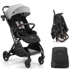 Gromast Gravity Folding Baby Stroller - Portable Travel Toddler Stroller w/Adjustable Backrest, Canopy & Cup Holder, Lightweight and UV Protected, One-Hand Automatic Folding - Light Grey