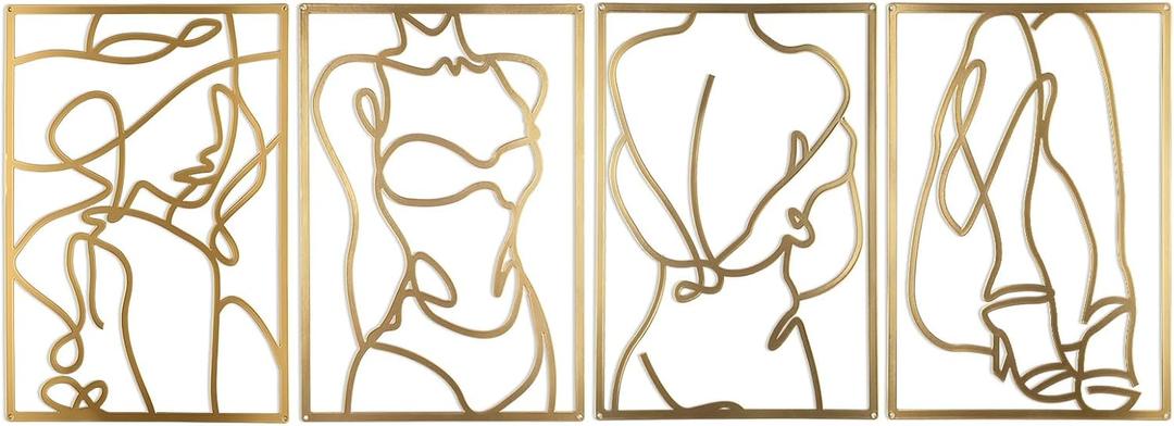 Yookan 4-Pack Metal Wall Art Decor, Minimalist Abstract Bedroom Wall Decor, Gold Modern Wall Art for Living Room, Female Body Design Wall Art for Indoor (17 x 11.8'')